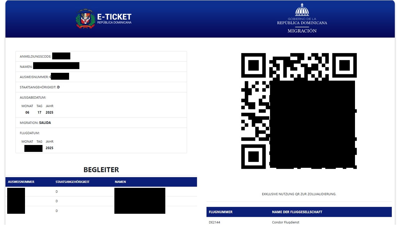 Beispiel des E-Ticket Formulars für die Dominikanische Republik