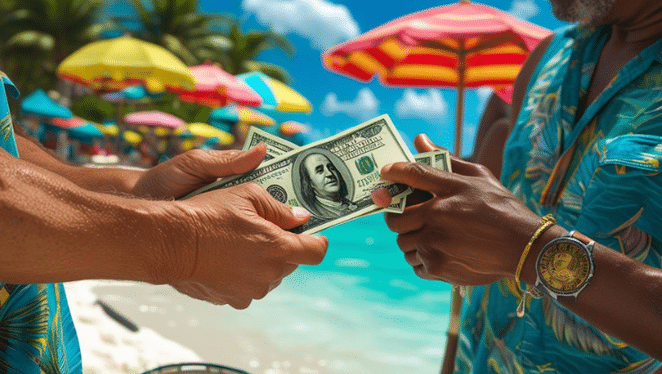 Geldwechsel am Karibikstrand - Peso Dominicano Banknoten vor tropischem Hintergrund