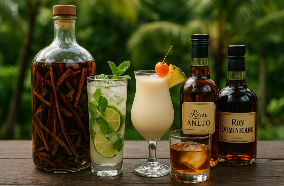 Mamajuana und dominikanischer Rum auf Holztisch mit Zutaten