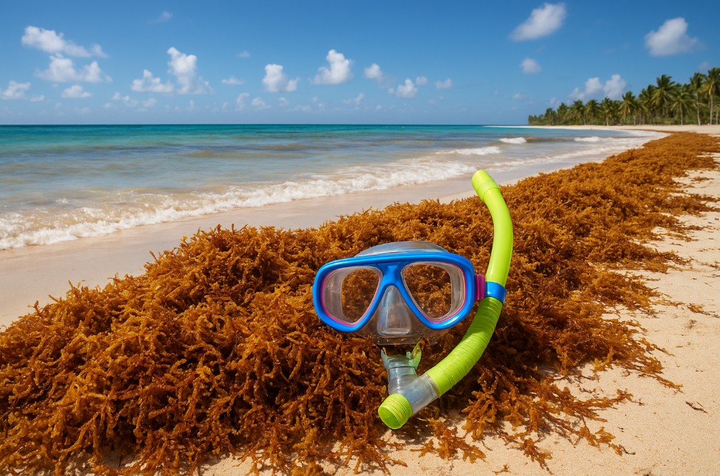 Sargassum Algen an einem Strand in der Dominikanischen Republik