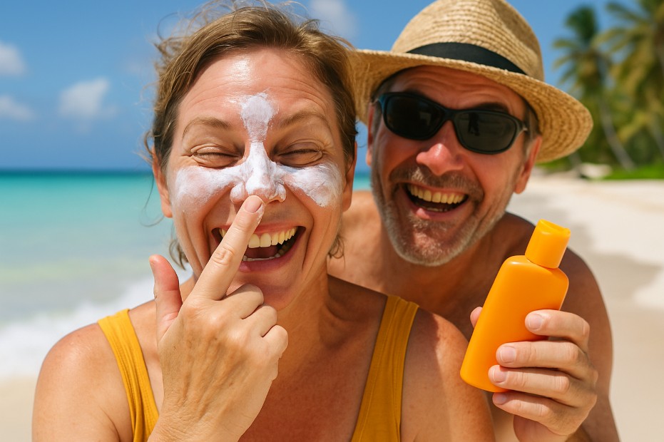 Urlaub in der Dominikanischen Republik mit Sonnenschutz - Frau mit Sonnenhut und Sonnencreme